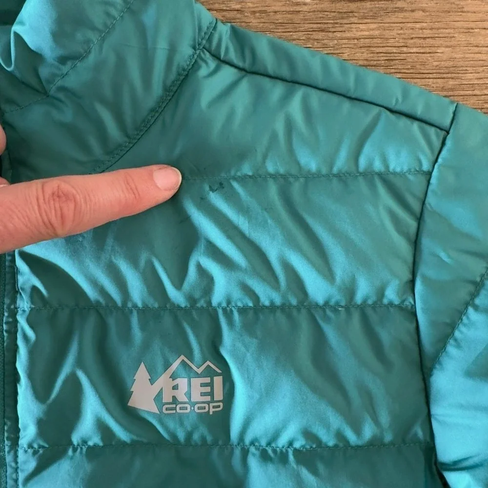 REI Co-op 650 Down Puffer Jacket Kids Small Teal Full Zip Packable Lightweight